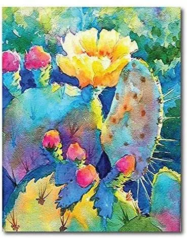 Quadro su tela, fichi d'India e fiori, 50 x 63 cm. Watercolor sicilian design.