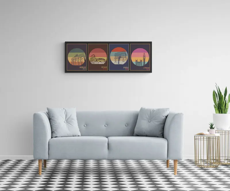 Quadro su tela "Retrò Capitals". 140 x 50 cm. Design Vintage Geometrico.