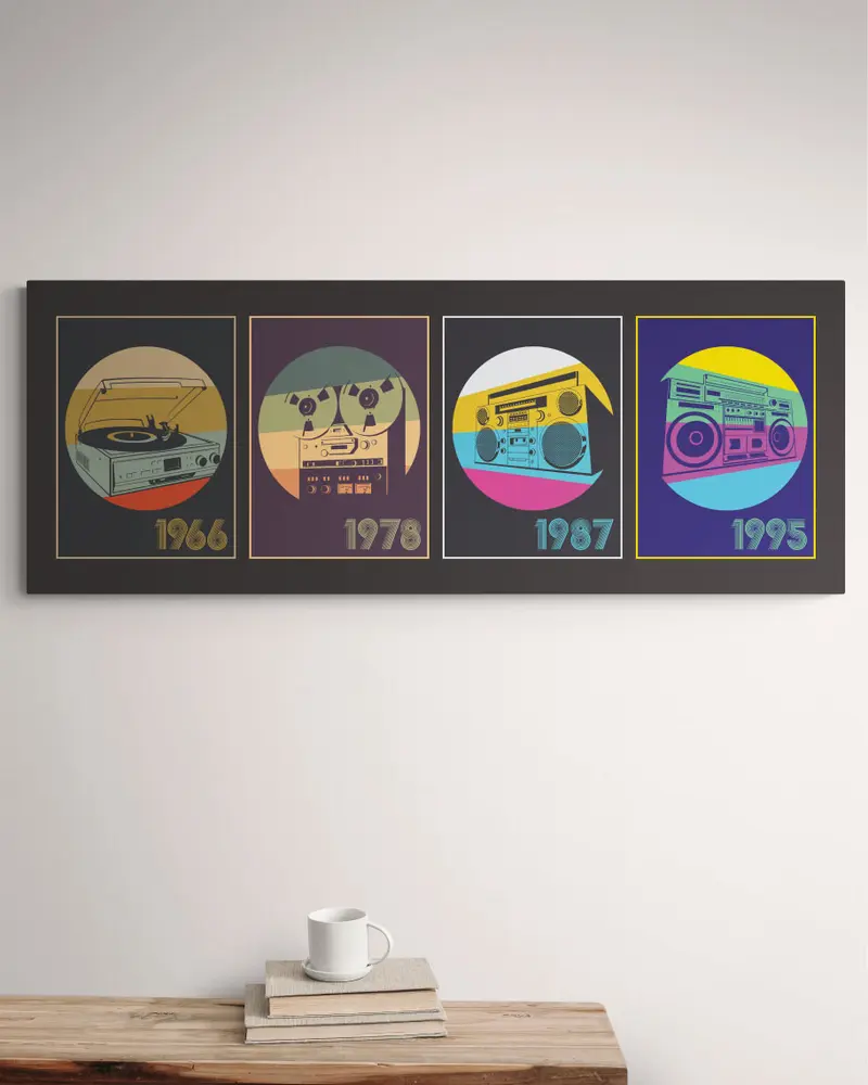 Quadro su tela "Retrò Music". 130 x 50 cm. Design Vintage Geometrico.