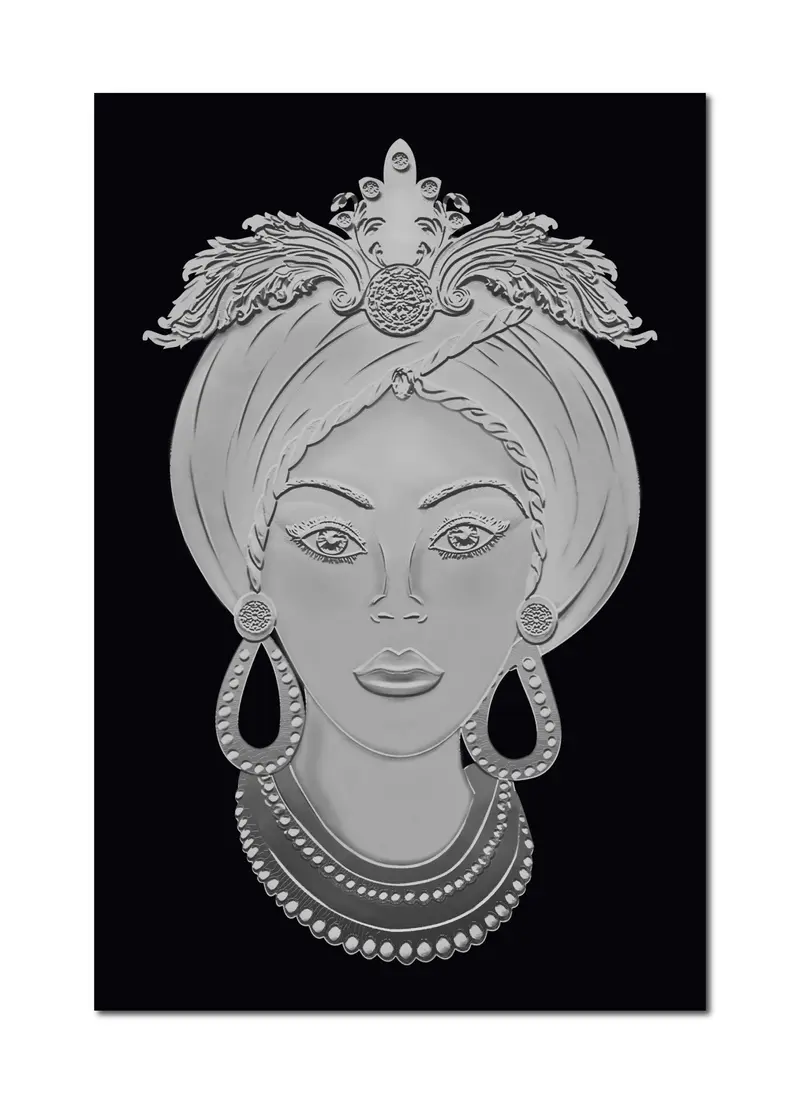 Quadro su tela, Testa di Moro Donna. Argento su sfondo Nero. Fine Art made in Sicily