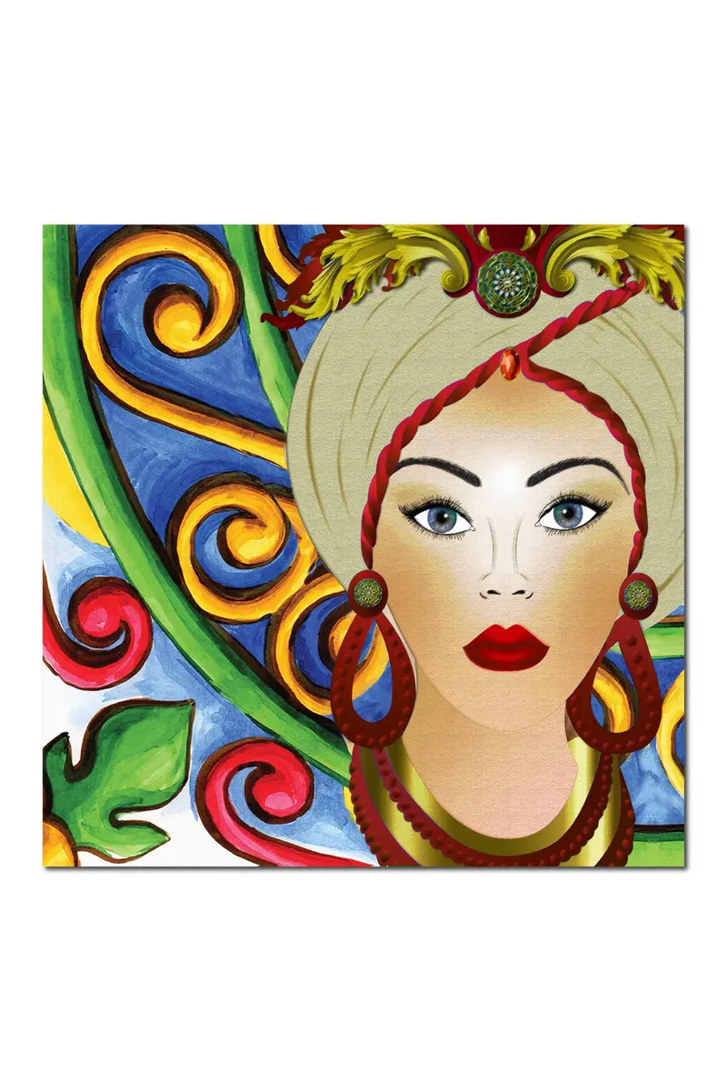Quadro su tela, Testa di Moro Donna. Colorful Inserti Rossi. Fine Art made in Sicily