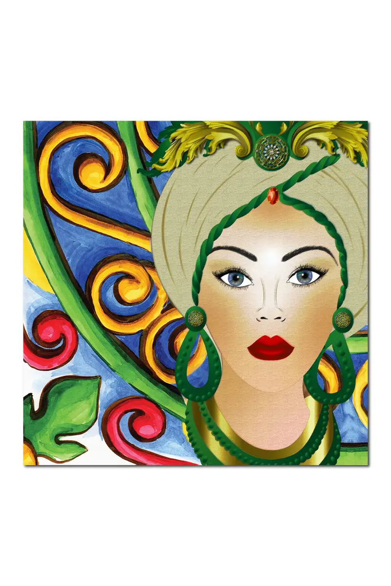 Quadro su tela, Testa di Moro Donna. Colorful Inserti Verdi. Fine Art made in Sicily