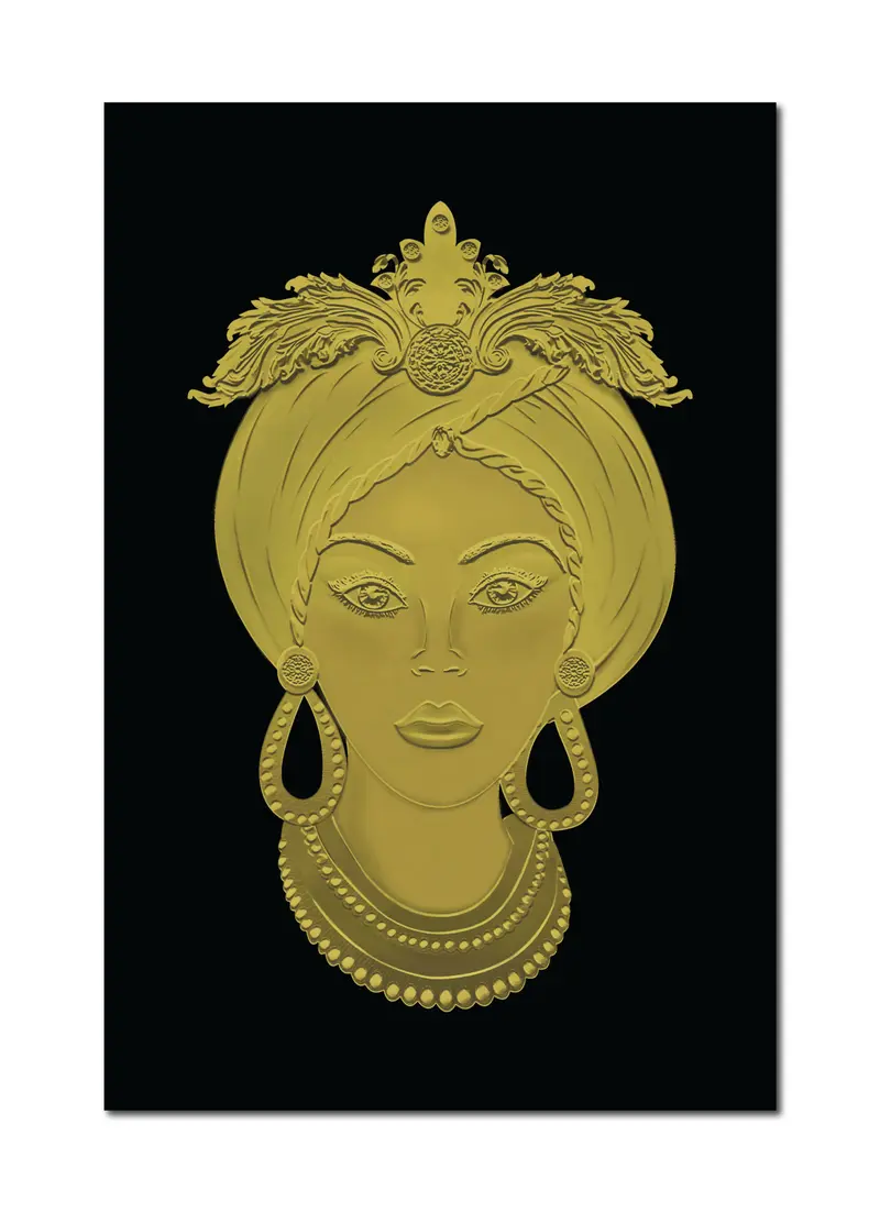 Quadro su tela, Testa di Moro Donna, oro su sfondo nero. Fine art made in Sicily