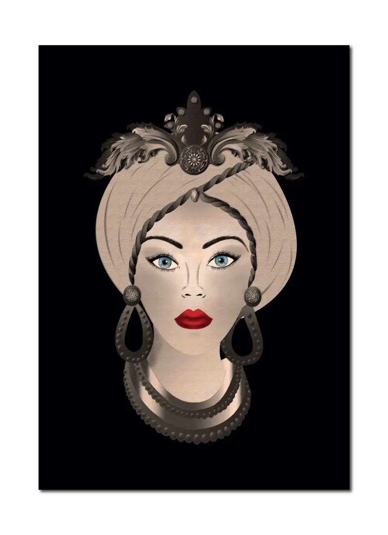 Quadro su tela, Testa di Moro Donna. Stile Seppiato con dettagli a contrasto. Fine Art made in Sicily