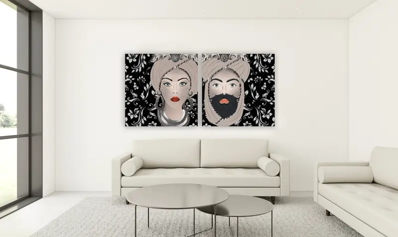 Quadro su tela, Testa di Moro Donna su sfondo Nero/Bianco. Decorazioni argentate. Fine Art made in Sicily