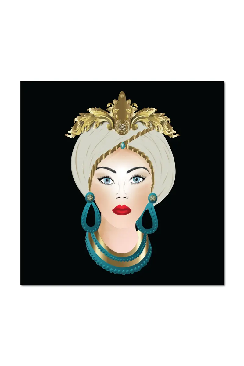 Quadro su tela, Testa di Moro Donna su sfondo Nero. Inserti oro e verde smeraldo. Fine Art made in Sicily