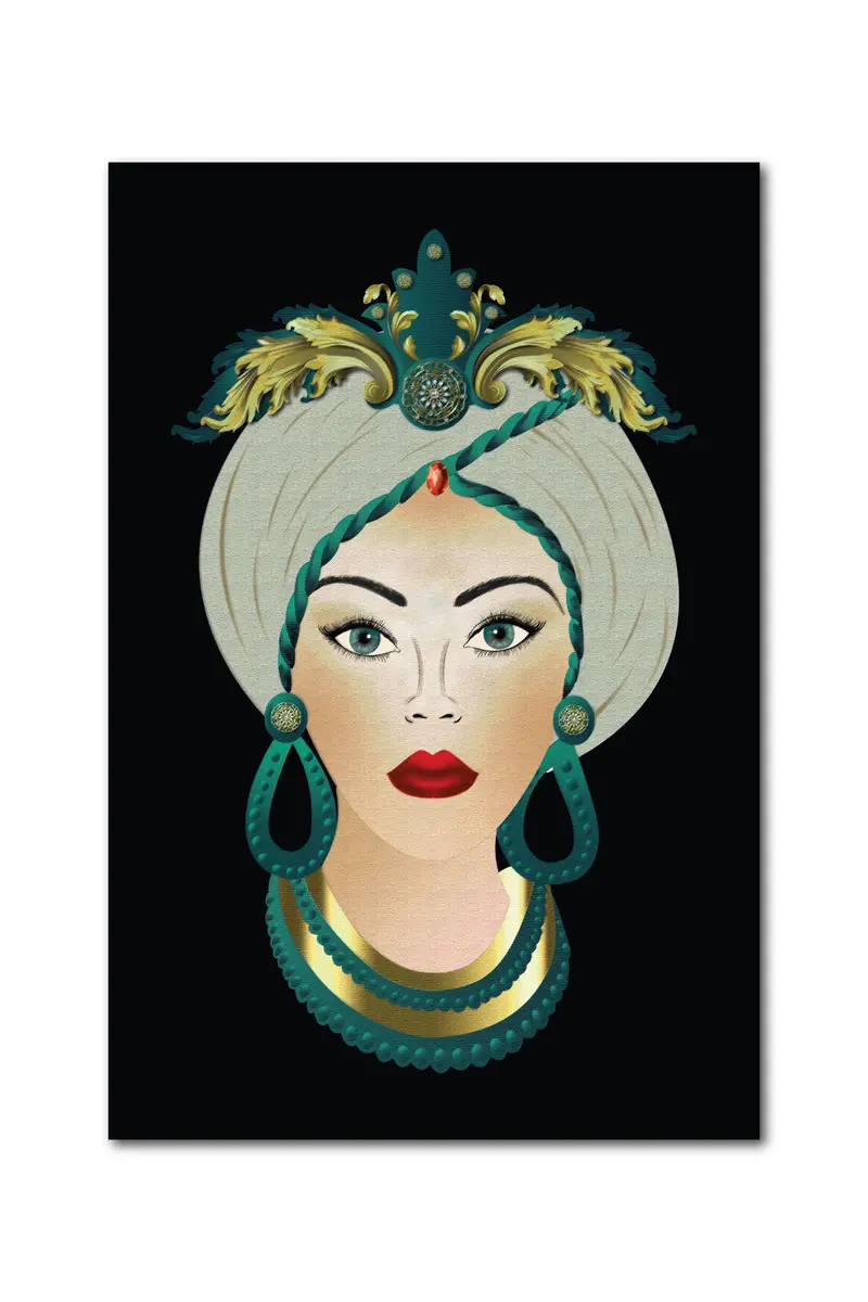 Quadro su tela, Testa di Moro Donna su sfondo Nero. Inserti verde smeraldo. Fine Art made in Sicily