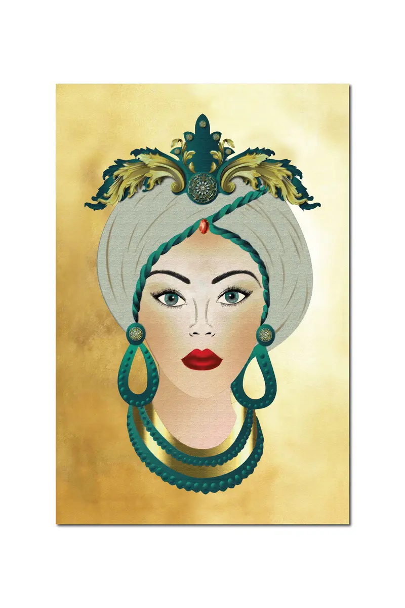 Quadro su tela Testa di Moro su sfondo Oro inserti VERDI Donna Fine Art made in Sicily