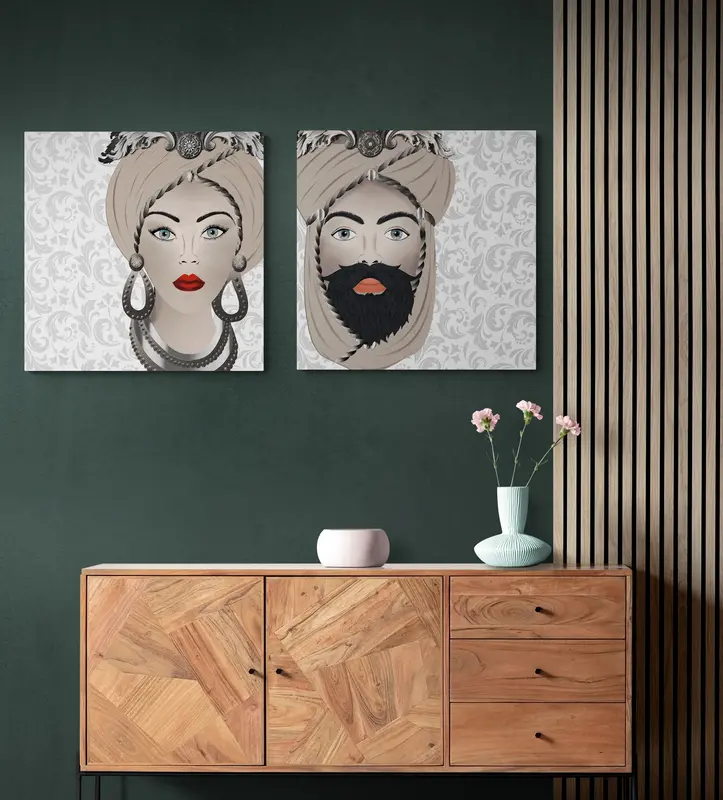 Quadro su tela, Testa di Moro Uomo su sfondo Nero/Bianco. Decorazioni argentate. Fine Art made in Sicily