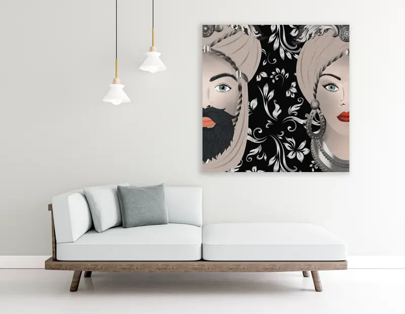 Quadro su tela, Teste di Moro fondo nero decori argento. Colorful Fine Art made in Sicily.