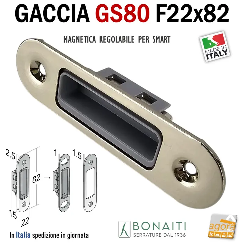 Riscontro Gaccia Bonaiti GS80 Magnetica Contropiastra per Serrature SMART Regolabile Nichel Lucido