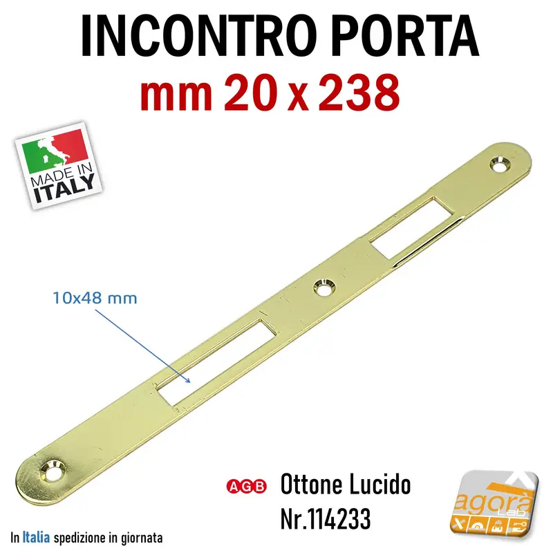 Riscontro Gaccia F20 mm 238x20 Ottone Lucido x Serrature Porta Patent Incontro Contropiastra Sp 2mm