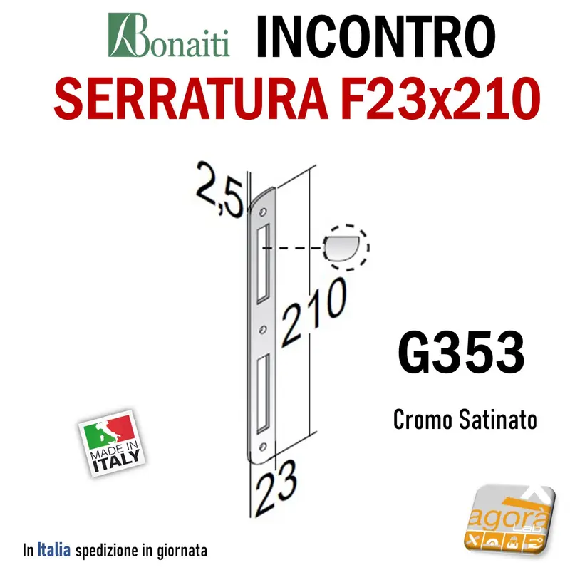 Riscontro Gaccia G353 Bonaiti 210x23 Cromo Satinato x Serrature Meccaniche bordo semitondo