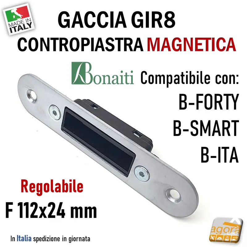 Riscontro Gaccia GIR8 Magnetico Bonaiti per Serrature Scrocco Centrale B-FORTY B-ITA B-SMART B-KLASS B-FIVE Cromo Opaco