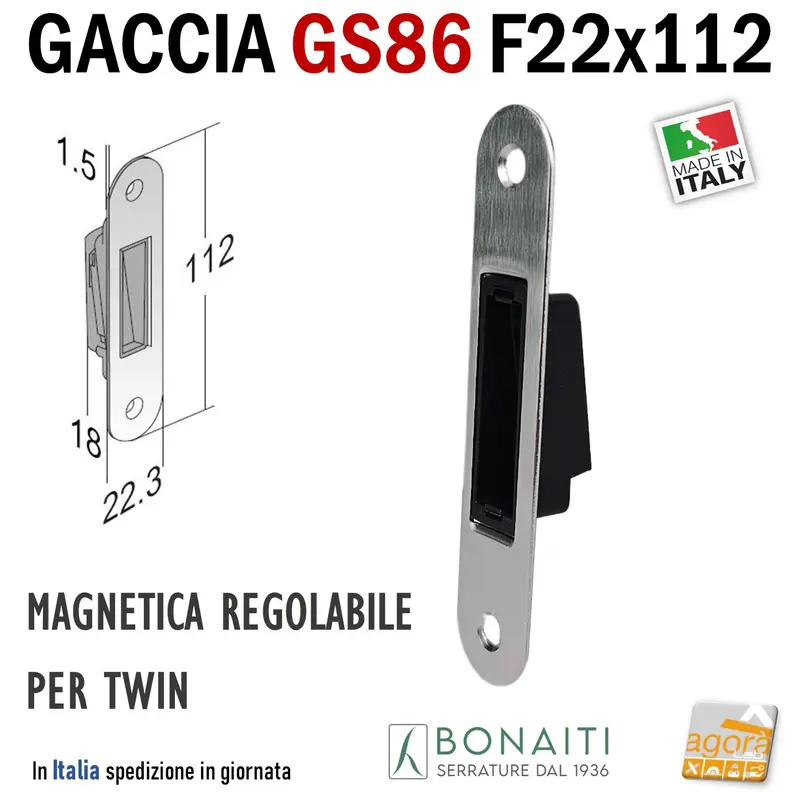 Riscontro Gaccia GS86 Magnetico Bonaiti per Serrature B-TWIN 22x112 Incontro Cromo Satinato