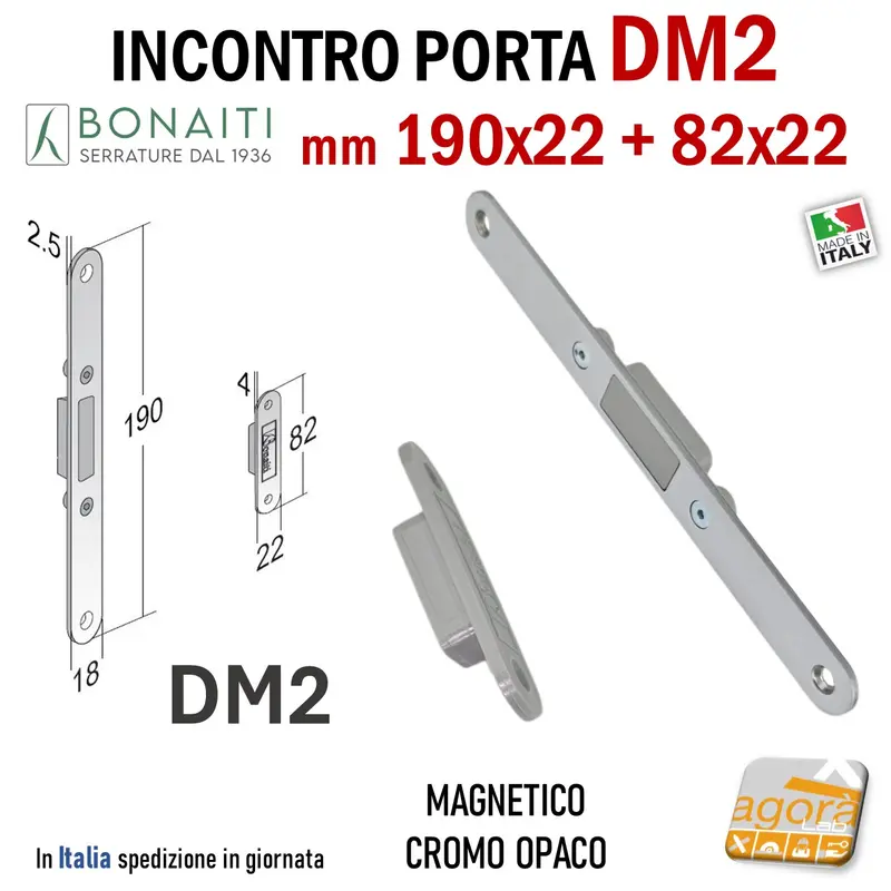 Riscontro Magnetico Bonaiti DM2 190x18 + 82x22 blocco porta senza serratura incontro grigio
