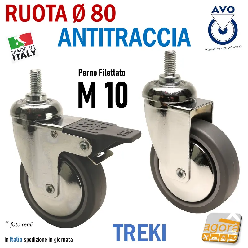 RUOTA ANTITRACCIA GIREVOLE DIAMETRO 80MM CON PERNO FILETTATO M10 CON FRENO SENZA FRENO CROMATA GRIGIO TREKI 220CB-BISB RUOTE
