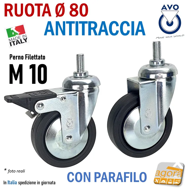RUOTA ANTITRACCIA GIREVOLE DIAMETRO 80MM CON PERNO FILETTATO M10 CON FRENO SENZA FRENO NERA 220BP-BISB RUOTE AVO