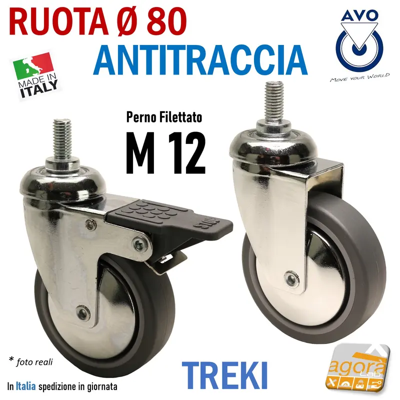 RUOTA ANTITRACCIA GIREVOLE DIAMETRO 80MM CON PERNO FILETTATO M12 CON FRENO SENZA FRENO CROMATA GRIGIO TREKI 220CB-BISB RUOTE