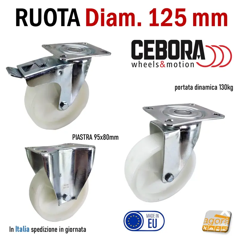 RUOTA CARRELLI BIANCA POLIAMMIDE D125 PIASTRA 95x80 i80x60 CEBORA RUOTE ALTA PORTATA