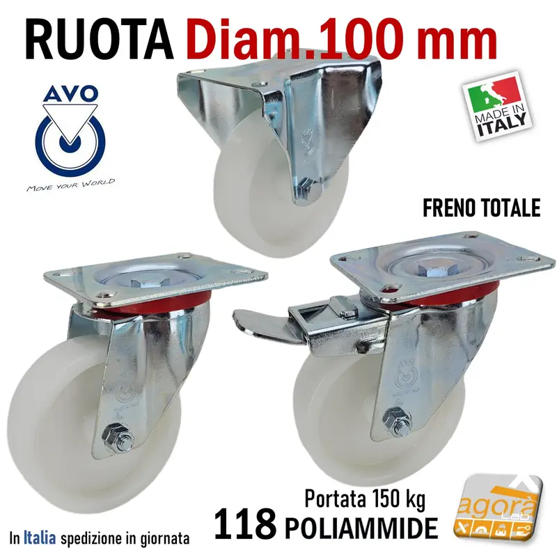 RUOTA GIREVOLE D 100MM CON PIASTRA CON FRENO SENZA FRENO POLIAMMIDE ALTA PORTATA RUOTE AVO