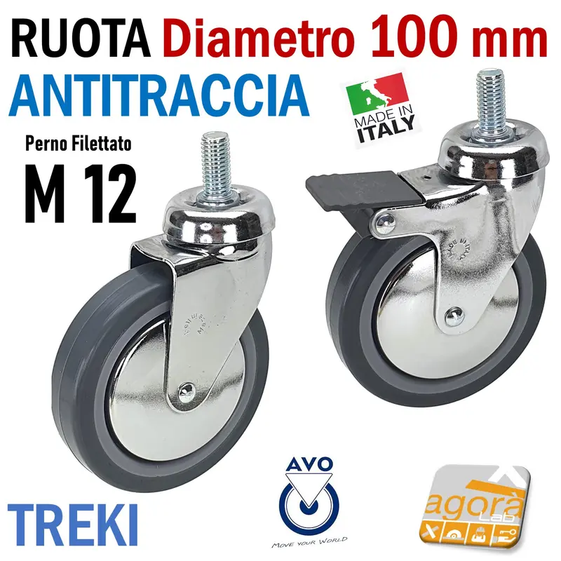 RUOTA GIREVOLE DIAM. 100MM CON PERNO M12X25 CROMATA GRIGIO ANTITRACCIA C/FRENO S/FRENO AVO TREKI 220CB - CBISB RUOTE