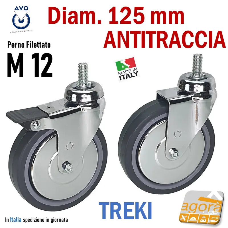 RUOTA GIREVOLE DIAM. 125MM CON PERNO M12X25 CROMATA GRIGIO ANTITRACCIA C/FRENO S/FRENO TREKI 220CB - CBISB RUOTE