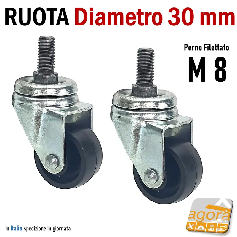 RUOTA GIREVOLE DIAM.30MM CON PERNO M8 CROMATA NYLON NERO SENZA FRENO RUOTE PIROETTANTI 4pz