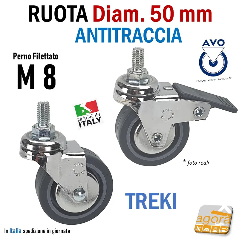 RUOTA GIREVOLE DIAM. 50MM CON PERNO M8X15 CROMATA GRIGIO ANTITRACCIA C-FRENO S-FRENO AVO TREKI 220CB - CBISB RUOTE