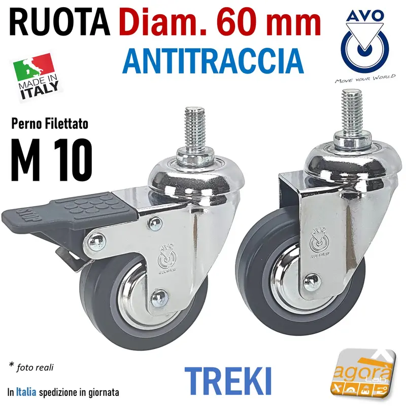 RUOTA GIREVOLE DIAM.60MM CON PERNO M10X20 CROMATA GRIGIO ANTITRACCIA CON FRENO SENZA FRENO TREKI 220CB -BISB RUOTE