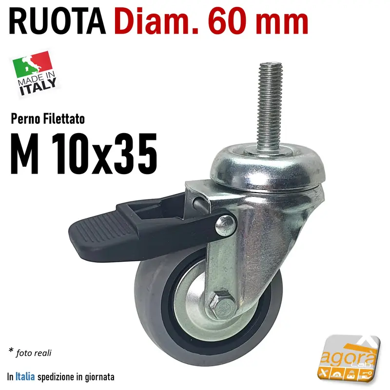 RUOTA GIREVOLE DIAM.60MM CON PERNO M10X35 CROMATA GRIGIO ANTITRACCIA CON FRENO SENZA FRENO RUOTE Ø63