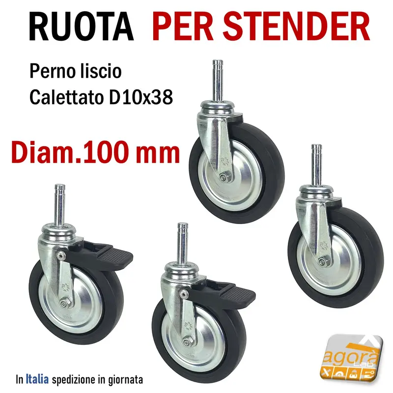RUOTA GIREVOLE DIAMETRO 100MM CON PERNO LISCIO CALETTATO IN GOMMA NERA FRENO RUOTE PER CARRELLI STENDER