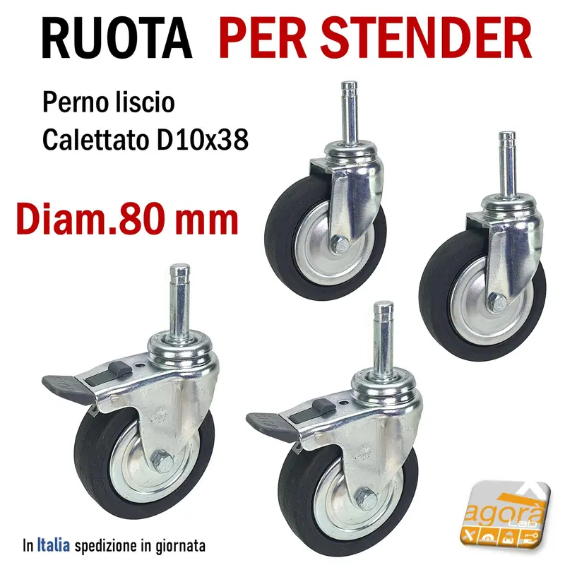 RUOTA GIREVOLE DIAMETRO 80MM CON PERNO LISCIO CALETTATO IN GOMMA NERA SENZA FRENO RUOTE PER CARRELLI STENDER