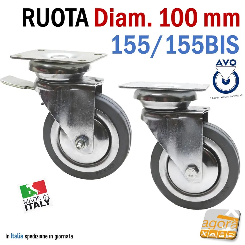 RUOTA GIREVOLE IN GOMMA GRIGIA DIAM.100MM C/PIASTRA 90x70MM CON FRENO/SENZA FRENO RUOTE AVO