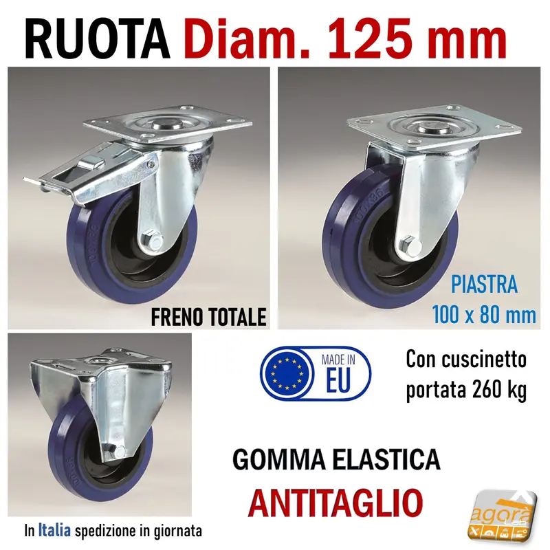 RUOTA GOMMA ELASTICA BLU D125 L GIREVOLE CON PIASTRA 100x80 CON FRENO SENZA FRENO INDUSTRIA RUOTE CARRELLI