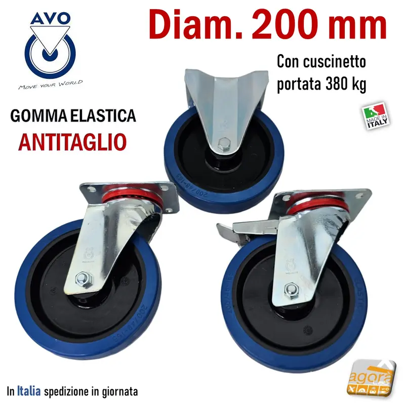RUOTA GOMMA ELASTICA BLU DIAMETRO 200MM GIREVOLE CON PIASTRA CON FRENO SENZA FRENO 16N AVO INDUSTRIA RUOTE 66