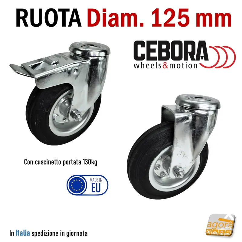 RUOTA GOMMA NERA D 125MM GIREVOLE CON PERNO PASSANTE CON FRENO SENZA FRENO CEBORA INDUSTRIA RUOTE