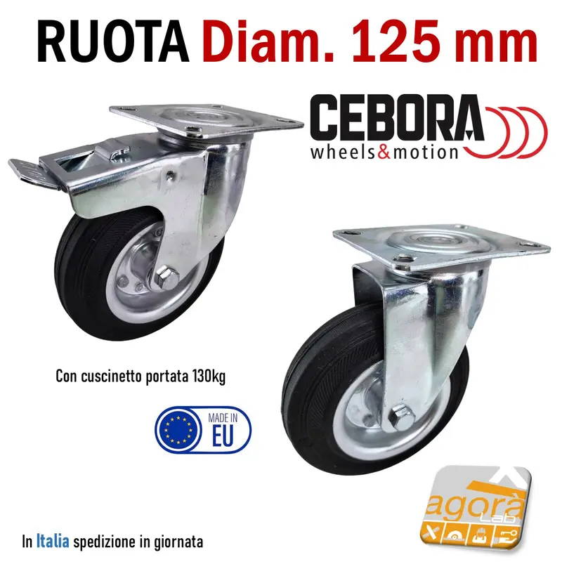 RUOTA GOMMA NERA D 125MM GIREVOLE CON PIASTRA FRENO CEBORA INDUSTRIA RUOTE