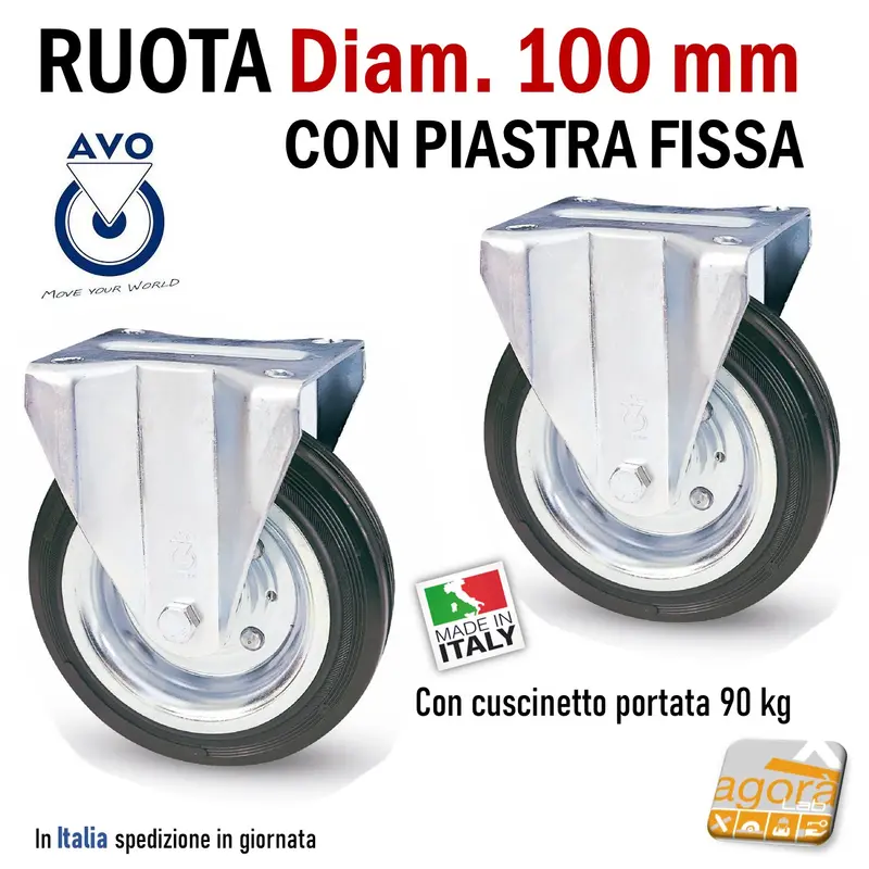 RUOTA GOMMA NERA DIAMETRO 100MM FISSA CON PIASTRA SENZA FRENO S112 AVO 80A INDUSTRIA RUOTE