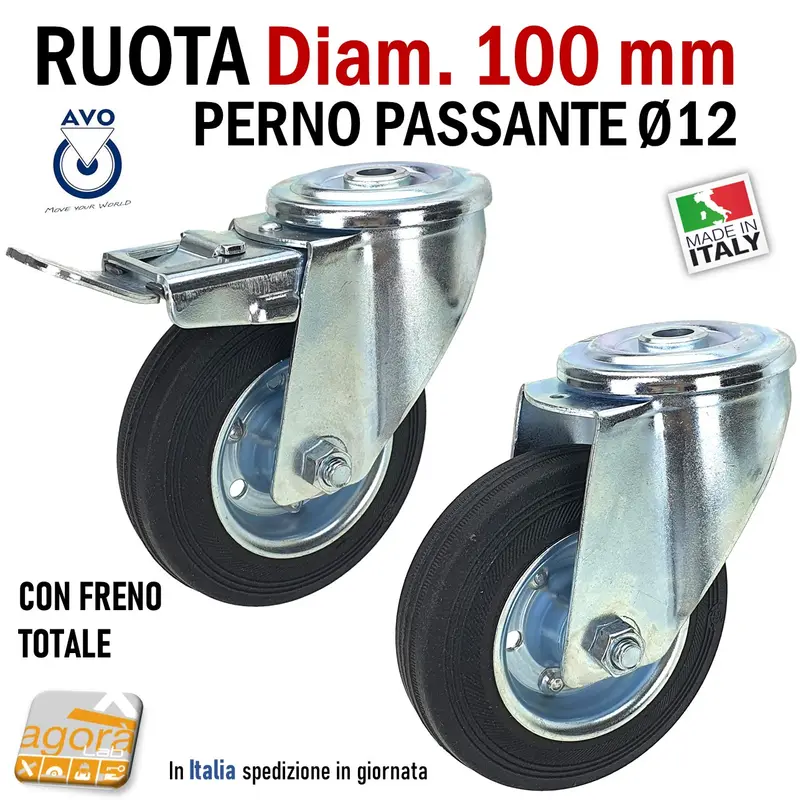 RUOTA GOMMA NERA DIAMETRO 100MM GIREVOLE CON PERNO PASSANTE D12 CON FRENO SENZA FRENO S112 AVO INDUSTRIA RUOTE