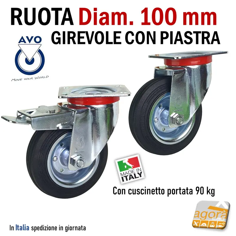 RUOTA GOMMA NERA DIAMETRO 100MM GIREVOLE CON PIASTRA CON FRENO SENZA FRENO S112 AVO INDUSTRIA RUOTE 80 103