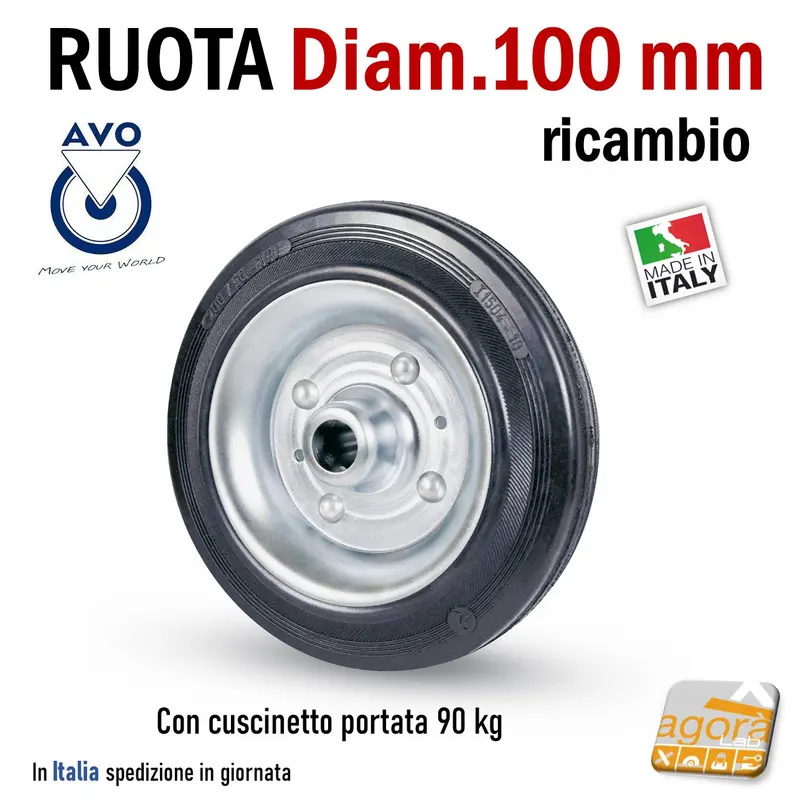 RUOTA GOMMA NERA DIAMETRO 100MM SCIOLTA 112 PER RICAMBI GIREVOLE CON PERNO PASSANTE CUSCINETTI S112 AVO INDUSTRIA RUOTE