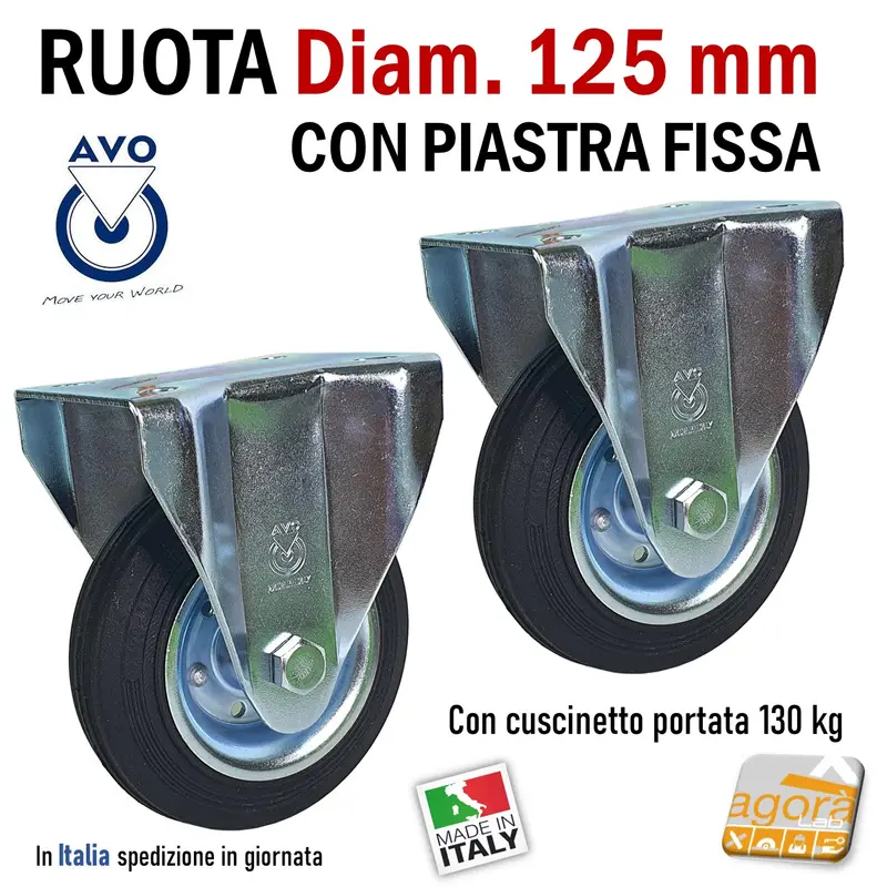 RUOTA GOMMA NERA DIAMETRO 125MM FISSA CON PIASTRA SENZA FRENO S112 AVO 80A INDUSTRIA RUOTE