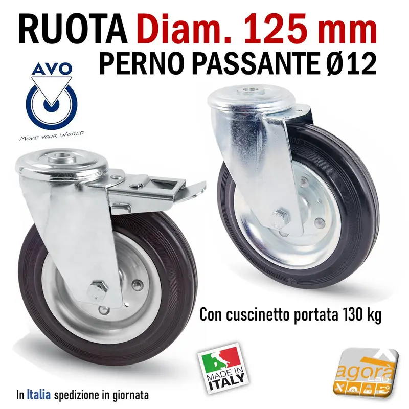 RUOTA GOMMA NERA DIAMETRO 125MM GIREVOLE CON PERNO PASSANTE D12 CON FRENO SENZA FRENO S112 AVO INDUSTRIA RUOTE