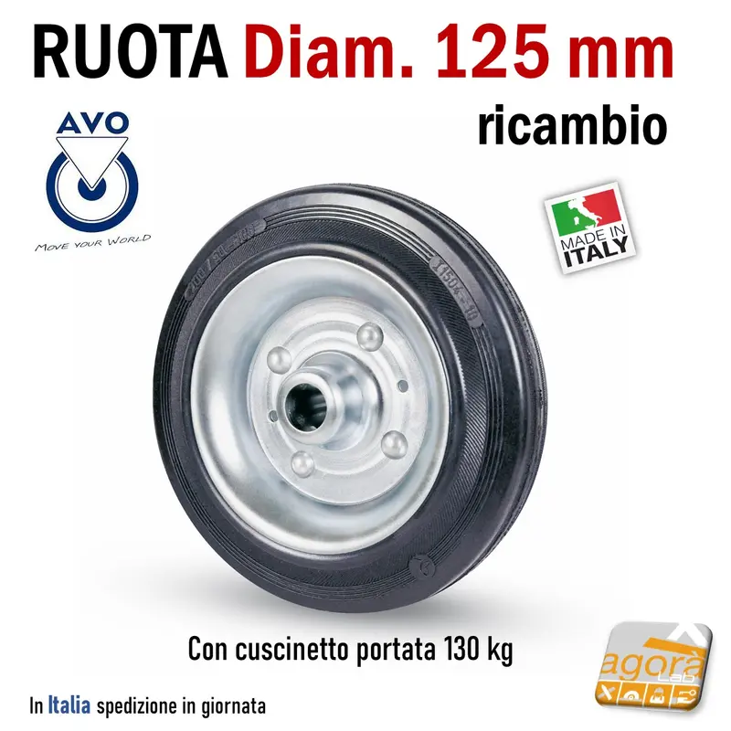 RUOTA GOMMA NERA DIAMETRO 125MM SCIOLTA 112 PER RICAMBI GIREVOLE CON PERNO PASSANTE CUSCINETTI S112 AVO INDUSTRIA RUOTE