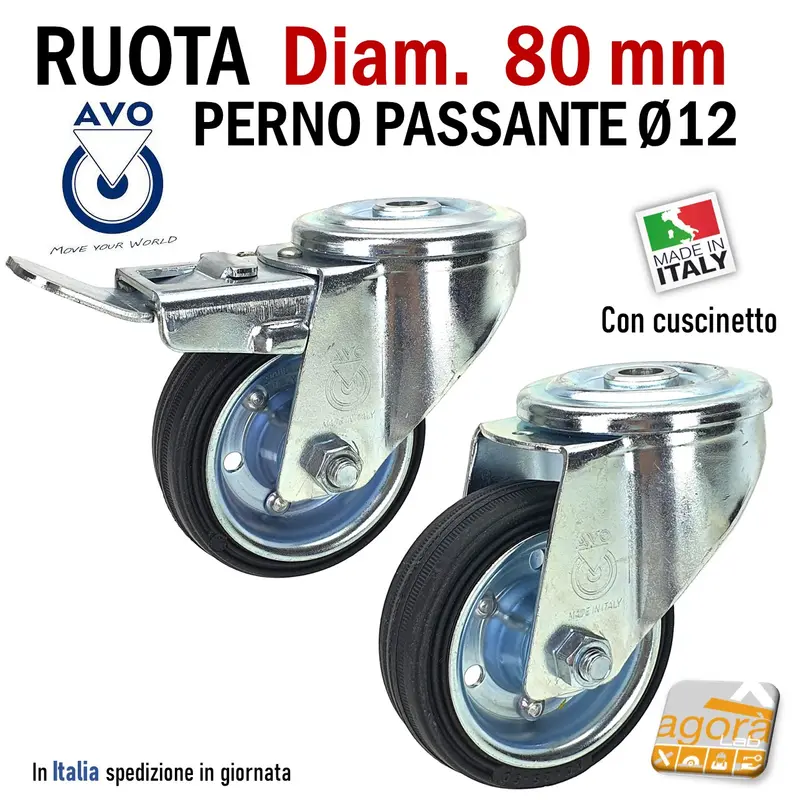 RUOTA GOMMA NERA DIAMETRO 80MM GIREVOLE CON PERNO PASSANTE D12 CON FRENO SENZA FRENO S112 AVO INDUSTRIA RUOTE