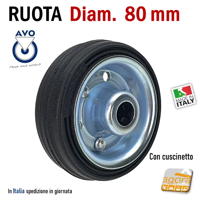 RUOTA GOMMA NERA DIAMETRO 80MM SCIOLTA 112 PER RICAMBI GIREVOLE CON PERNO PASSANTE CUSCINETTI S112 AVO INDUSTRIA RUOTE