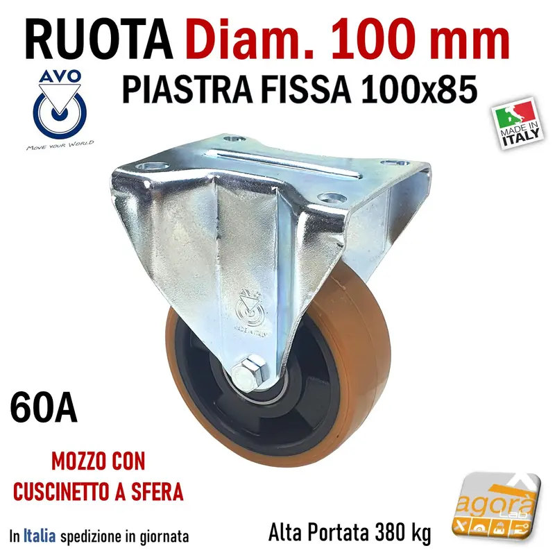 RUOTA POLIURETANO DIAMETRO 100MM FISSA CON PIASTRA 100X85 AVO 60A X CARRELLI