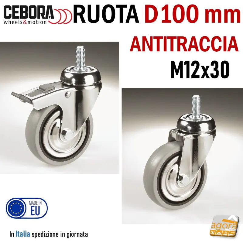 RUOTA X CARRELLI D100 GRIGIA ANTITRACCIA PERNO FILETTATO M12x30mm CEBORA TRANSPORT
