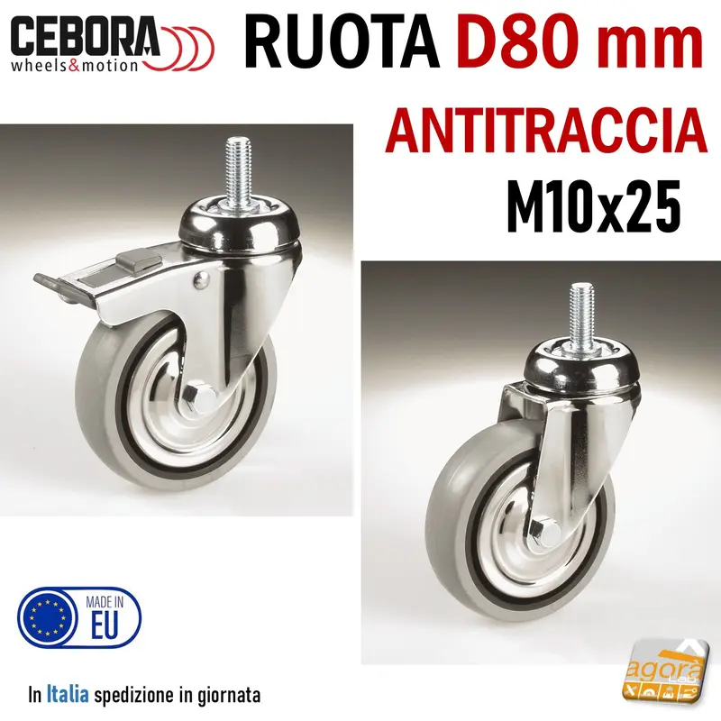 RUOTA X CARRELLI D80 GRIGIA ANTITRACCIA PERNO FILETTATO M10x25mm CEBORA TRANSPORT